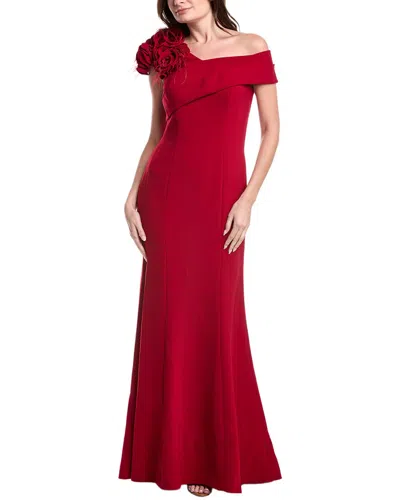 Teri Jon By Rickie Freeman Crepe Asymmetrical Flower & Feather Shoulder Gown In Red