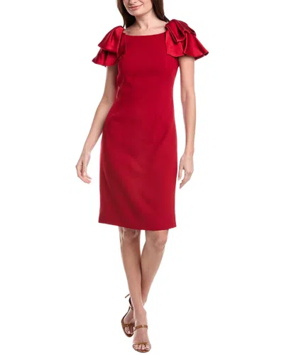 Teri Jon By Rickie Freeman Crepe Boatneck Satin Ruffle Shoulder Dress In Red