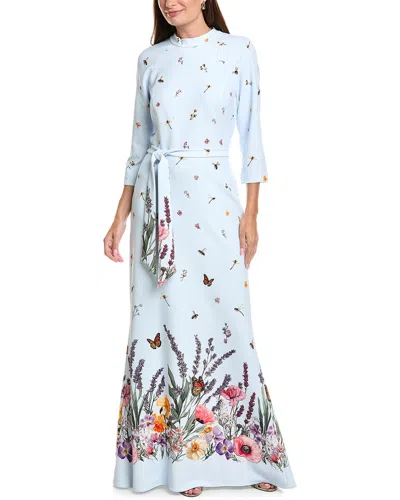 Teri Jon By Rickie Freeman Crepe Border Print Gown In Blue