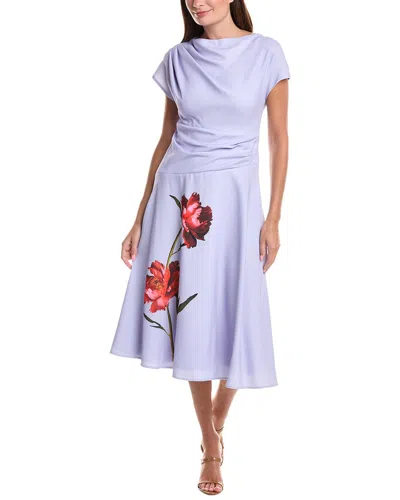 Teri Jon By Rickie Freeman Crepe Cap Sleeve Drape Waist Digital Flower Dress In Purple
