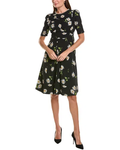 Teri Jon By Rickie Freeman Crepe Daisy Print Pearl-trim A-line Dress In Black