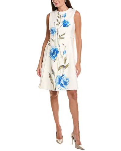 Teri Jon By Rickie Freeman Crepe Digital Flower Print Apron Dress In White