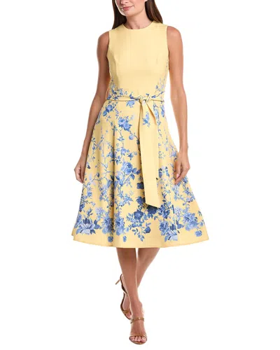 Teri Jon By Rickie Freeman Crepe Floral Border Print Belted Dress In Yellow