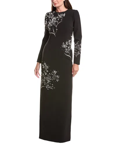 Teri Jon By Rickie Freeman Crepe Floral Pearl Applique Gown In Black