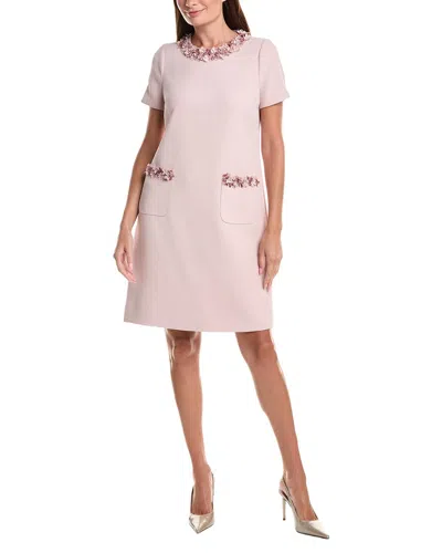 Teri Jon By Rickie Freeman Crepe Lazer Cut Flower Trim A-line Cap Sleeve Dress In Pink