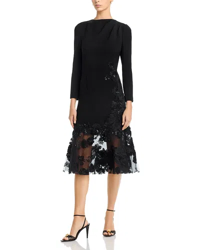 Teri Jon By Rickie Freeman Crepe Long Sleeve Embellished Hem Dress In Black