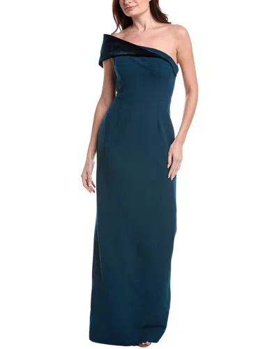 Teri Jon By Rickie Freeman Crepe Off Shoulder Velvet Bow Back Gown In Blue