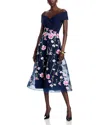 Teri Jon By Rickie Freeman Crepe Off-the-shoulder Embroidered Tulle Dress In Navy Multi