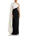 Teri Jon By Rickie Freeman Crepe One Shoulder Drape Sleeve 3d Trim Gown