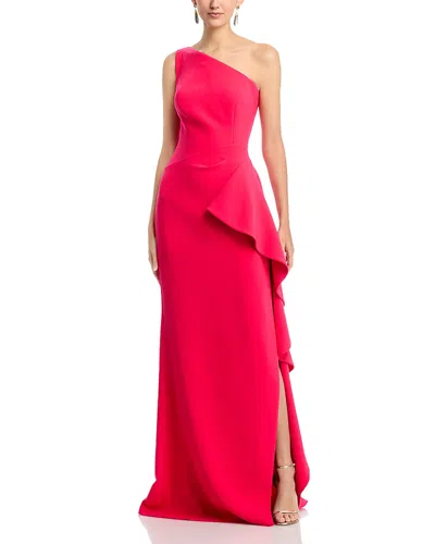 Teri Jon By Rickie Freeman Crepe One Shoulder Side Drape Cascade Ruffle Gown In Red