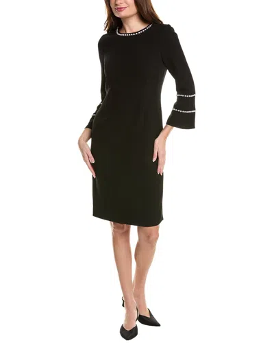 Teri Jon By Rickie Freeman Crepe Pearl Trim Sheath Dress In Black