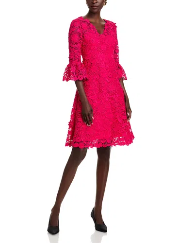 Teri Jon By Rickie Freeman Crochet Lace 3d Floral Dress In Strawberry