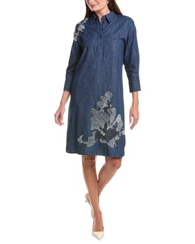 Teri Jon By Rickie Freeman Denim Beaded Trim Tunic Dress In Blue