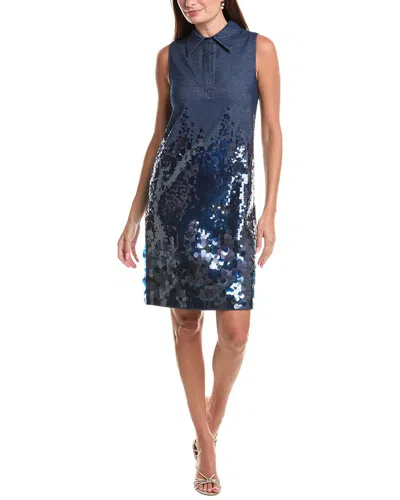 Teri Jon By Rickie Freeman Denim Paillette Trim Shift Shirtdress In Multi