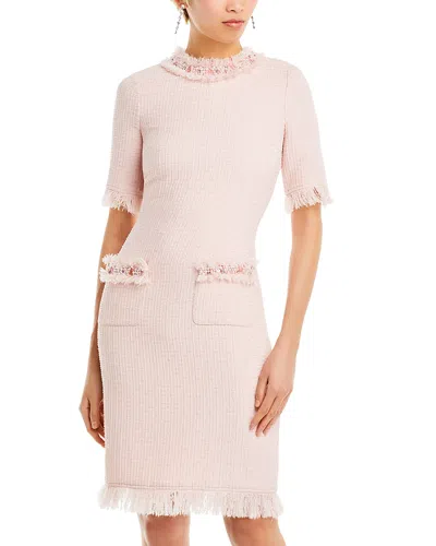Teri Jon By Rickie Freeman Embellished Fringe Trim Tweed Sheath Dress In Blush Pink