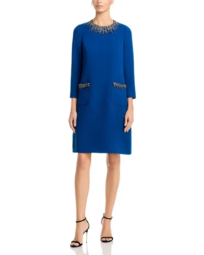 Teri Jon By Rickie Freeman Embellished Three Quarter Sleeve Shift Dress In Blue