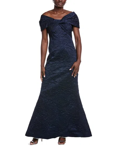 Teri Jon By Rickie Freeman Embossed Jacquard Gown In Blue