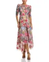 Teri Jon By Rickie Freeman Embroidered Floral High Low Fit And Flare Dress In Pink Multi