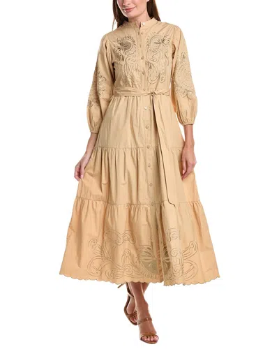 Teri Jon By Rickie Freeman Embroidered Full Sleeve Tiered Dress In Neutral