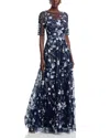 Teri Jon Embroidered Tulle Tea Dress In Navy Silver