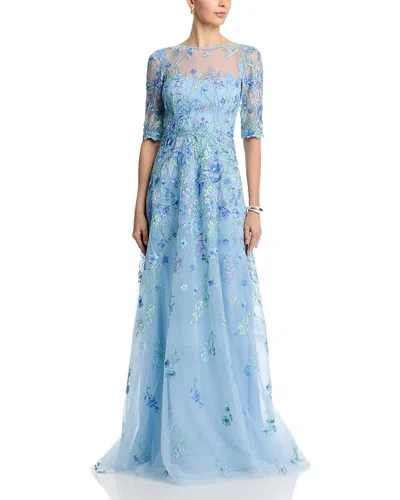 Teri Jon By Rickie Freeman Embroidered Tulle Elbow Sleeve Gown In Blue
