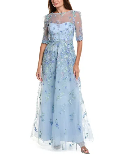 Teri Jon By Rickie Freeman Embroidered Tulle Gown In Blue