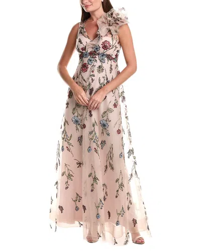 Teri Jon By Rickie Freeman Embroidered Tulle Self Flower Gown In Neutral