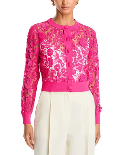 Teri Jon By Rickie Freeman Eyelet Lace Knit Cardigan In Pink
