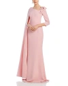 Teri Jon By Rickie Freeman Floral Applique Asymmetric Cape Gown In Rose Pink