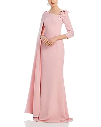 Teri Jon By Rickie Freeman Floral Applique Asymmetric Cape Gown In Rose Pink