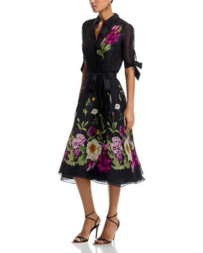 Teri Jon Floral Border Print Shirt Dress In Black Multi
