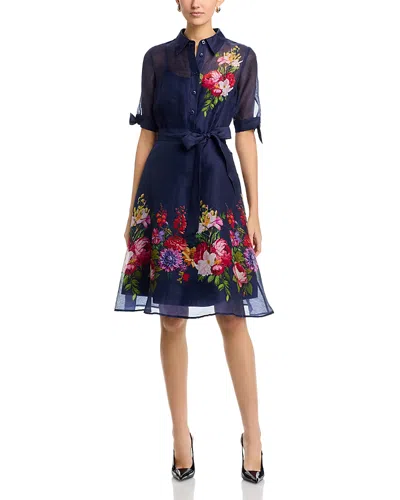 Teri Jon By Rickie Freeman Floral Border Shirtdress In Blue