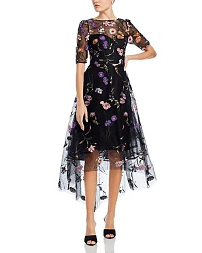 Teri Jon By Rickie Freeman Floral Embroidered Tulle Dress In Black