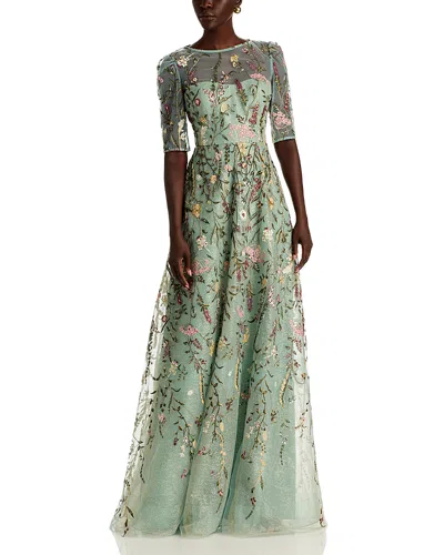 Teri Jon By Rickie Freeman Floral Embroidered Tulle Elbow Sleeve Gown In Multi