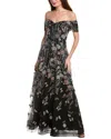 Shop Teri Jon By Rickie Freeman Floral Embroidered Tulle Gown In Black