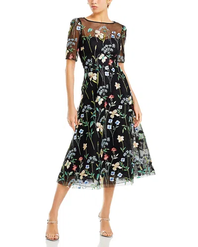 Teri Jon By Rickie Freeman Women's Floral-embroidered Illusion Midi-dress In Black Multi