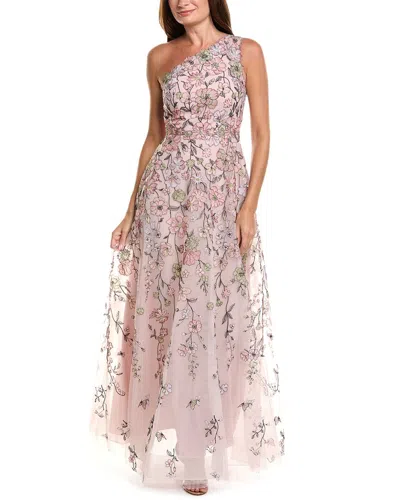 Teri Jon By Rickie Freeman Floral Embroidered Tulle One-shoulder Gown In Pink