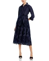 Teri Jon By Rickie Freeman Floral Eyelet Collared Midi Dress In Navy