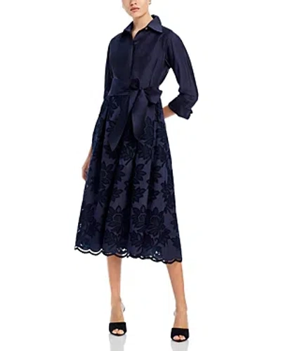 Teri Jon By Rickie Freeman Floral Eyelet Collared Midi Dress In Navy