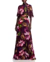 Teri Jon By Rickie Freeman Floral Flutter Sleeve Mock Neck Gown In Multi
