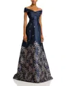 Teri Jon By Rickie Freeman Floral Jacquard Gown In Navy Rose Gold