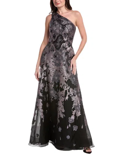 Teri Jon By Rickie Freeman Floral Met Jacquard Pleated One Shoulder Gown In Brown