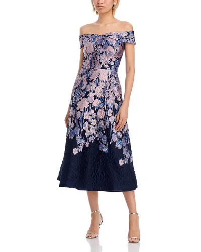 Teri Jon By Rickie Freeman Floral Metallic Fit & Flare Dress In Blue