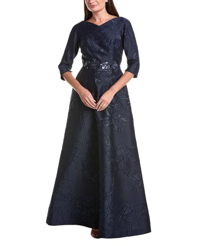 Teri Jon By Rickie Freeman Floral Metallic Jacquard A-line Beaded Belt Gown In Blue