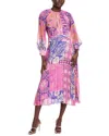 Teri Jon Chiffon Floral Pleated Belted Dress In Lavender Multi In Pink