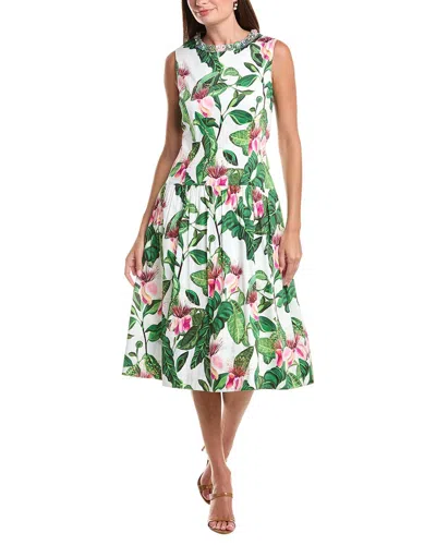 Teri Jon By Rickie Freeman Floral Print Drop-waist Necklace Trim Dress In Multi