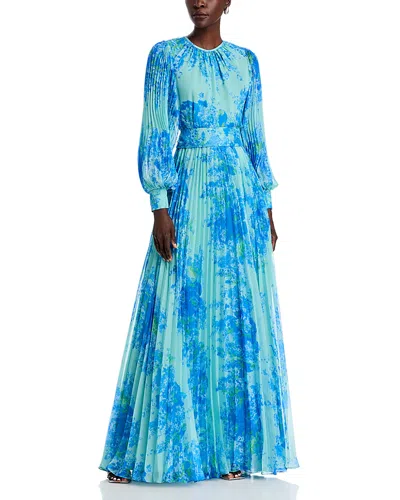 Teri Jon By Rickie Freeman Floral Print Pleated Dress In Mint Multi