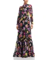 Teri Jon By Rickie Freeman Floral Print Tie Neck Chiffon Gown In Multi