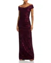 Teri Jon By Rickie Freeman Floral Stretch Jacquard Off-the-shoulder Ruched Gown In Burgundy