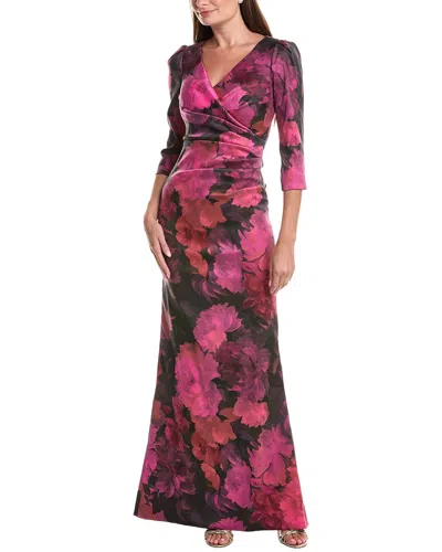 Teri Jon By Rickie Freeman Floral Stretch Mikado Ruched 3/4-sleeve Gown In Pink